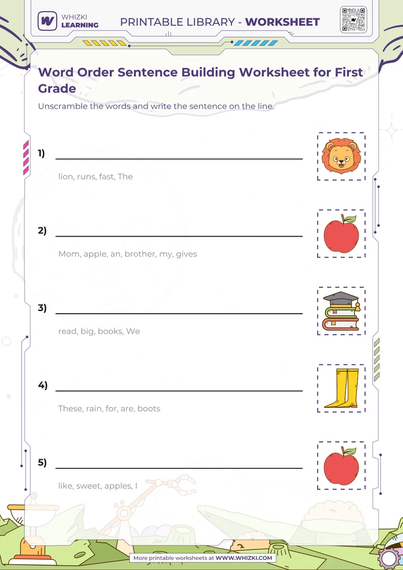 Word Order Sentence Building Worksheet for First Grade