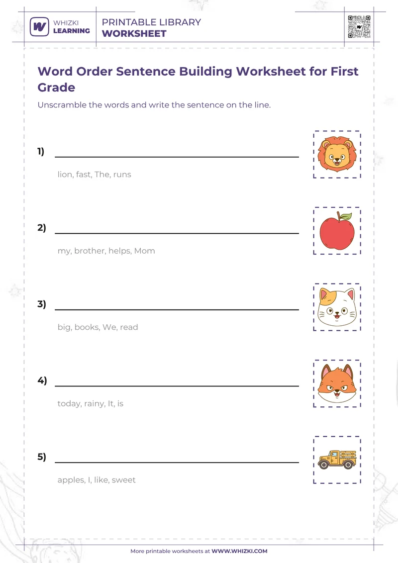 Word Order Sentence Building Worksheet for First Grade