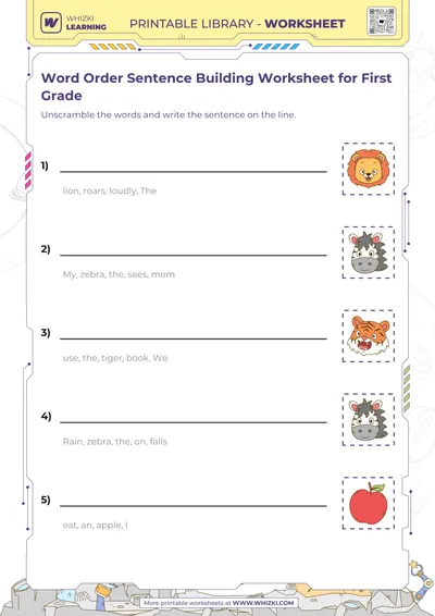 Word Order Sentence Building Worksheet for First Grade