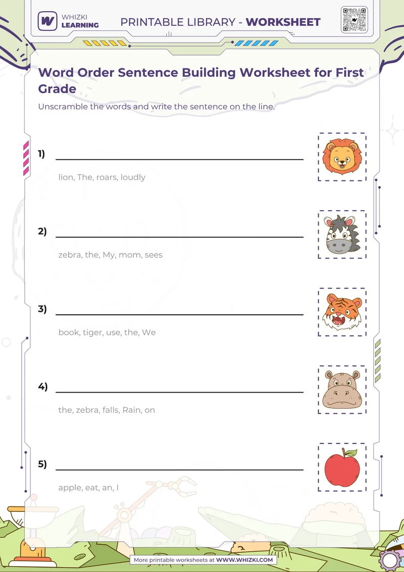 Word Order Sentence Building Worksheet for First Grade
