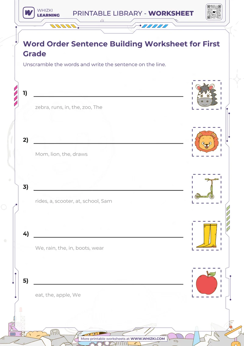 Word Order Sentence Building Worksheet for First Grade