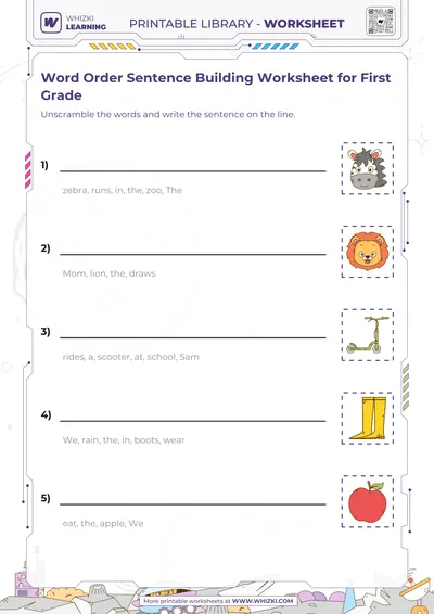 Word Order Sentence Building Worksheet for First Grade