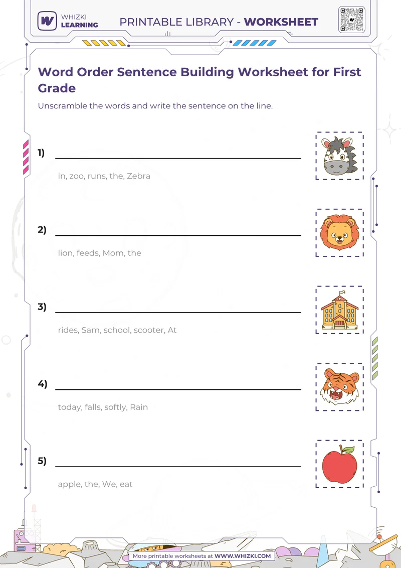 Word Order Sentence Building Worksheet for First Grade