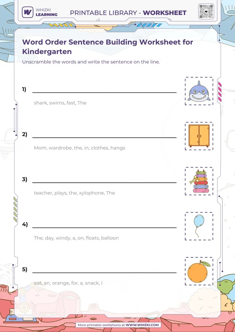 Word Order Sentence Building Worksheet for Kindergarten