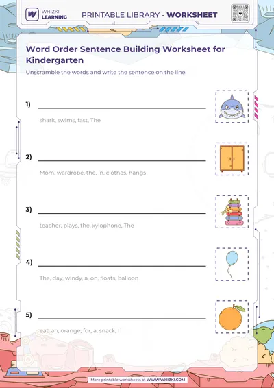 Word Order Sentence Building Worksheet for Kindergarten