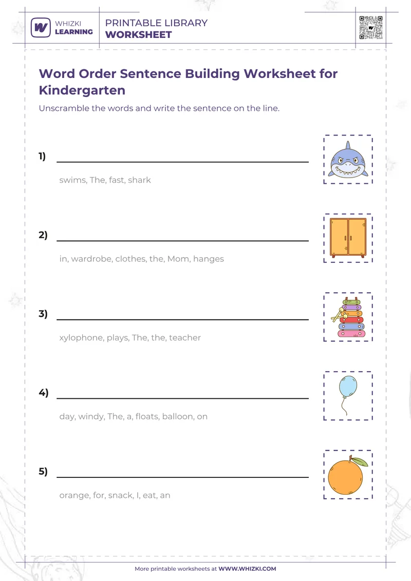 Word Order Sentence Building Worksheet for Kindergarten