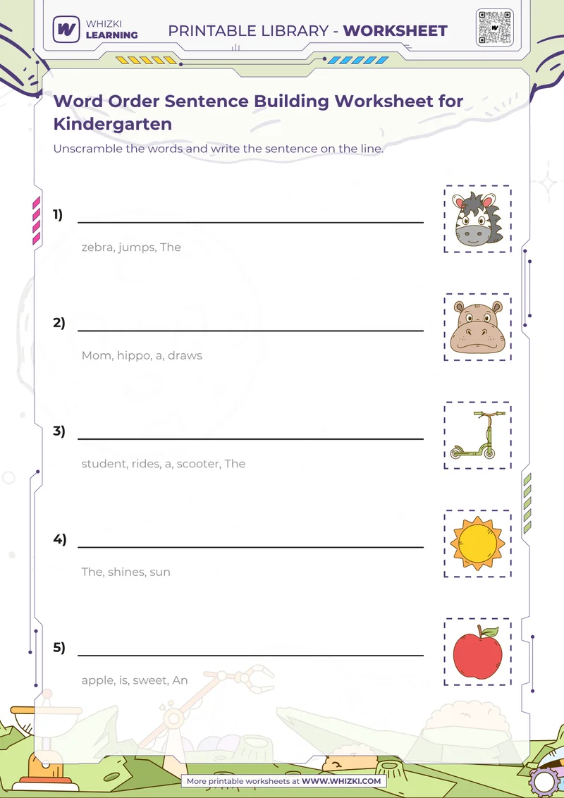 Word Order Sentence Building Worksheet for Kindergarten