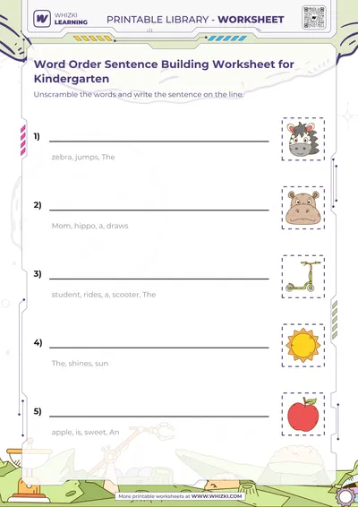 Word Order Sentence Building Worksheet for Kindergarten