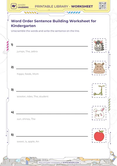 Word Order Sentence Building Worksheet for Kindergarten