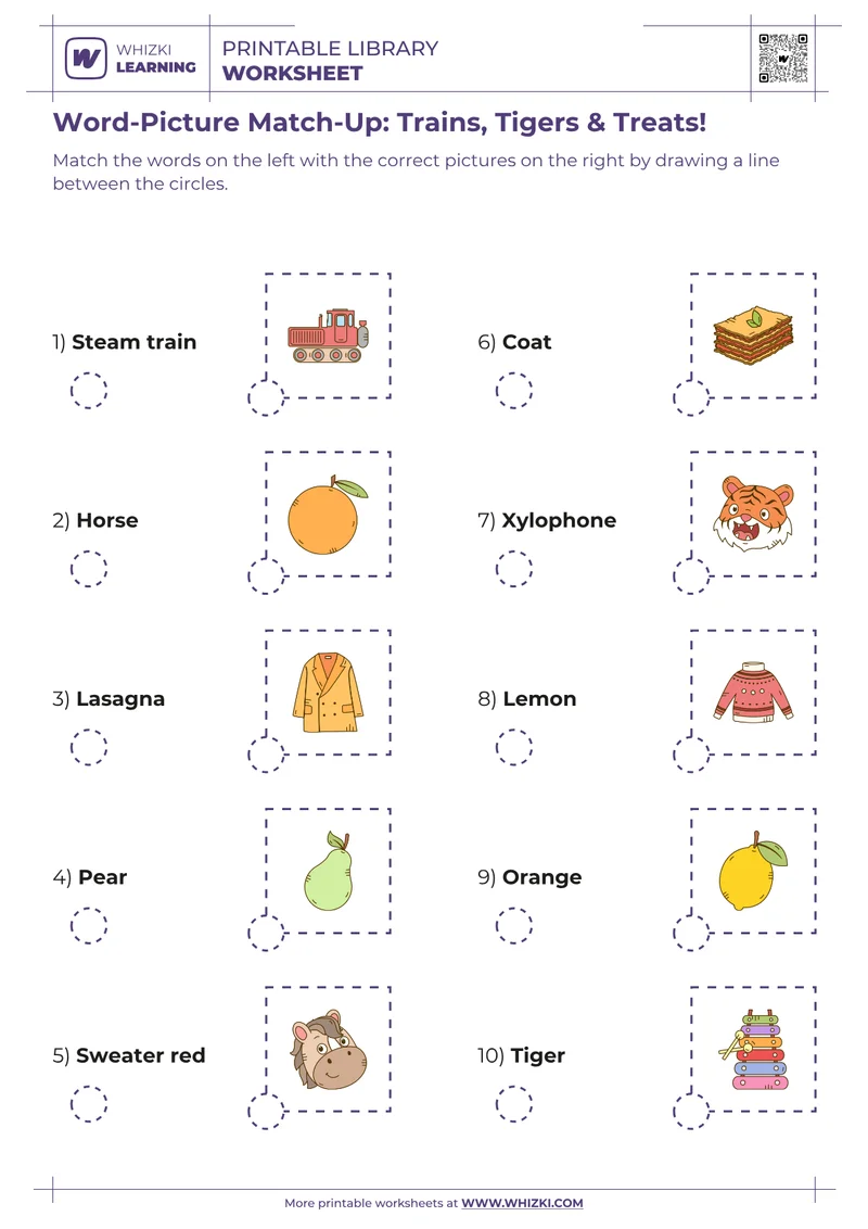 Word-Picture Match-Up: Trains, Tigers & Treats!