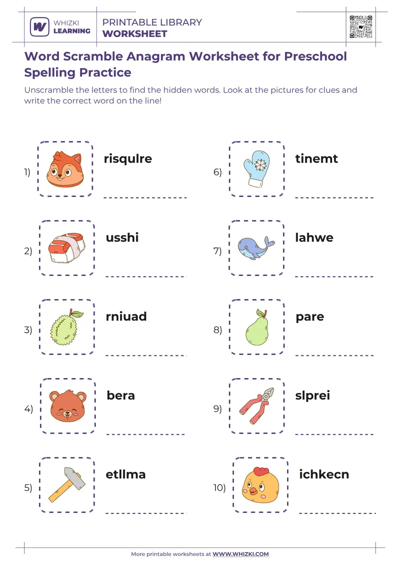 Word Scramble Anagram Worksheet for Preschool Spelling Practice