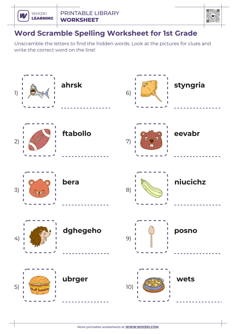 Word Scramble Spelling Worksheet for 1st Grade
