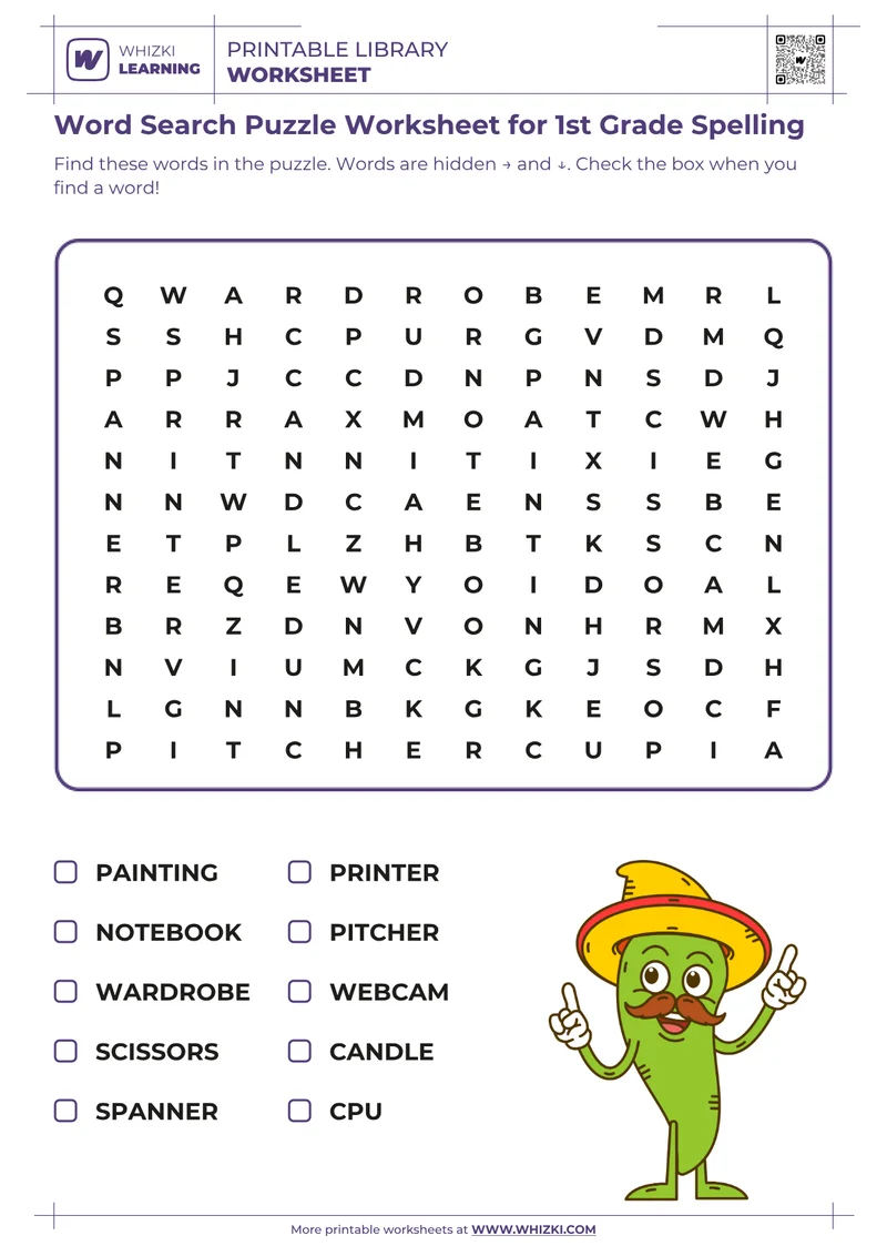Word Search Puzzle Worksheet for 1st Grade Spelling