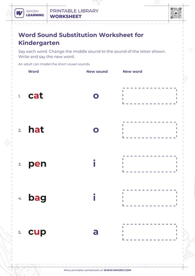 Word Sound Substitution Worksheet for Kindergarten