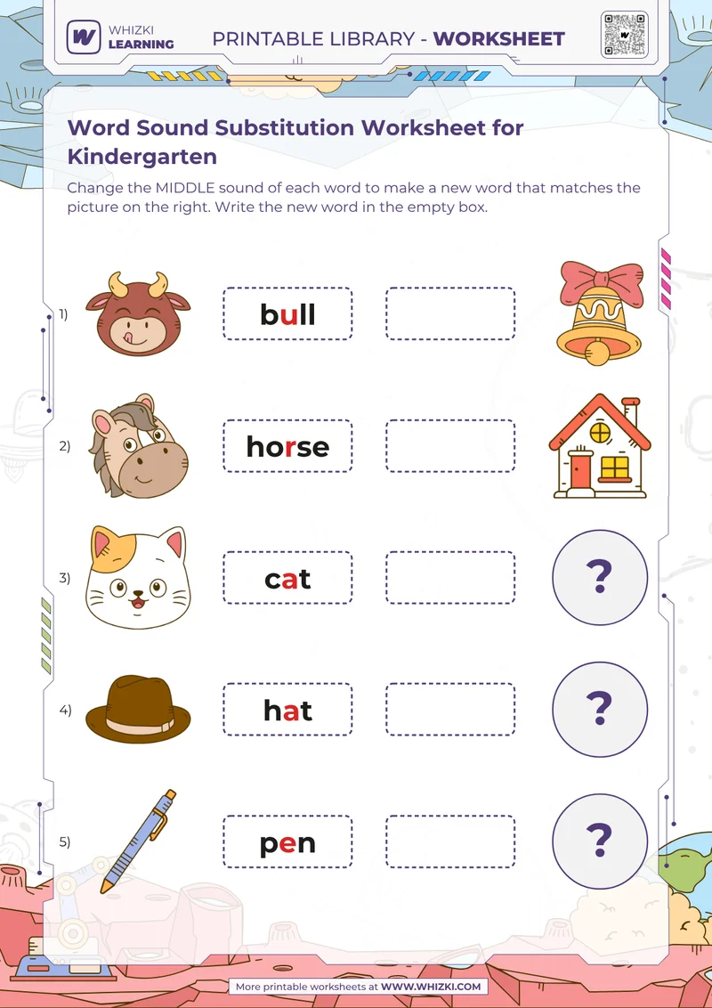 Word Sound Substitution Worksheet for Kindergarten