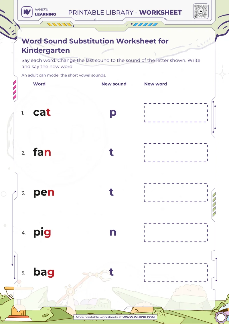 Word Sound Substitution Worksheet for Kindergarten