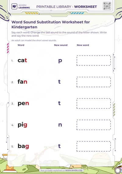 Word Sound Substitution Worksheet for Kindergarten