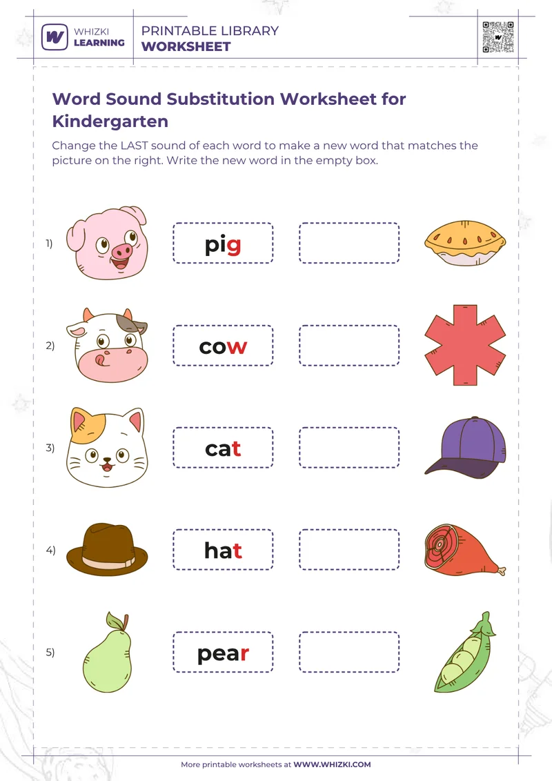 Word Sound Substitution Worksheet for Kindergarten