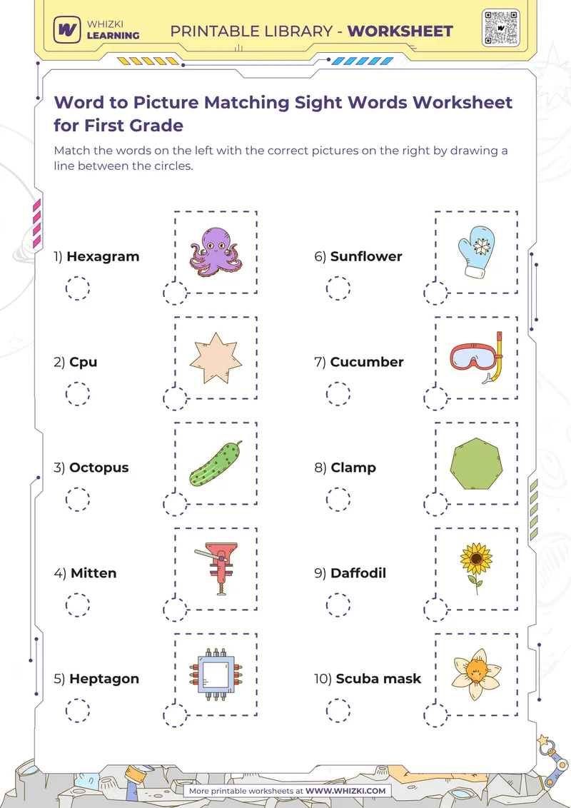 Word to Picture Matching Sight Words Worksheet for First Grade