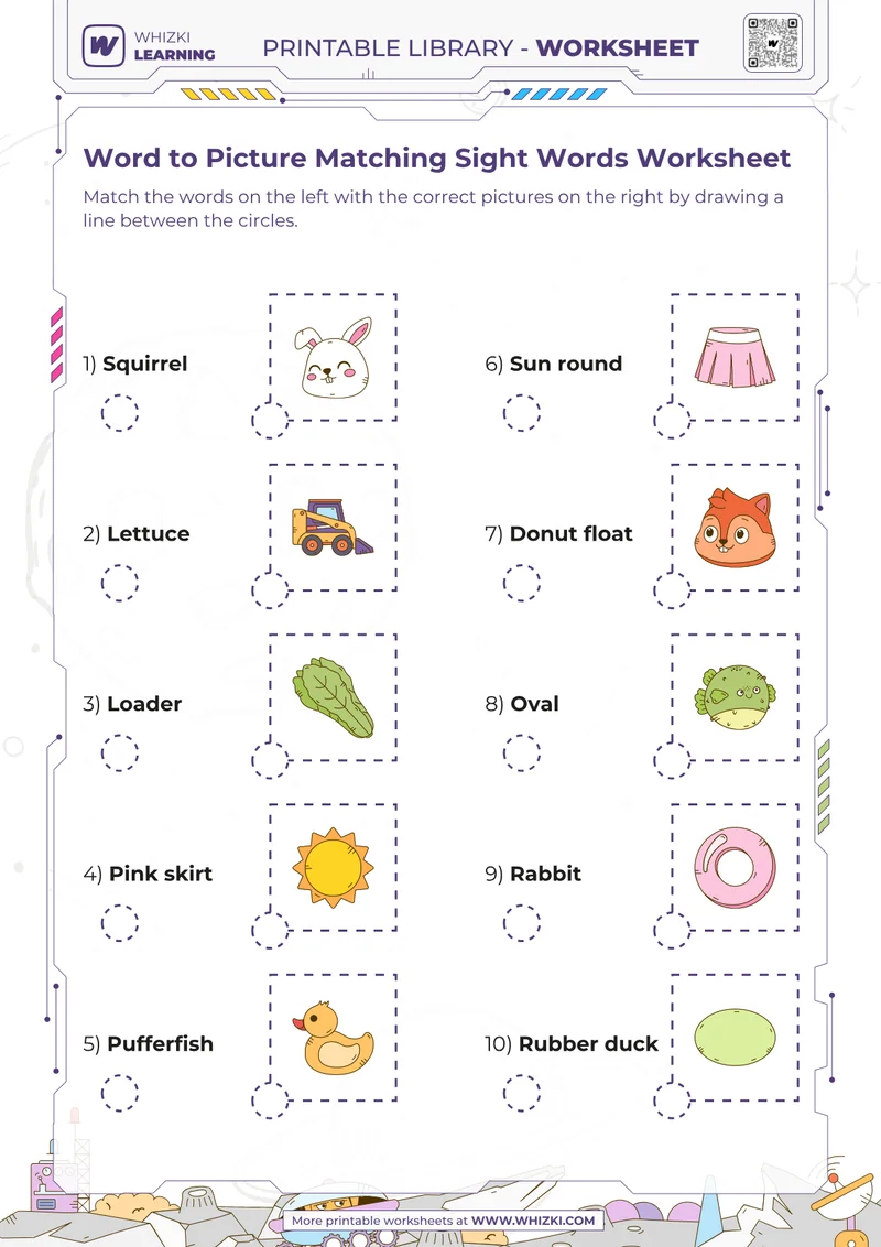Word to Picture Matching Sight Words Worksheet