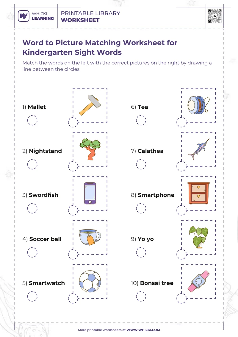 Word to Picture Matching Worksheet for Kindergarten Sight Words