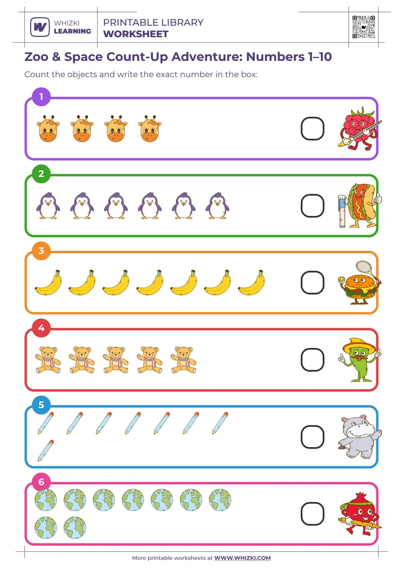 Zoo & Space Count-Up Adventure: Numbers 1–10