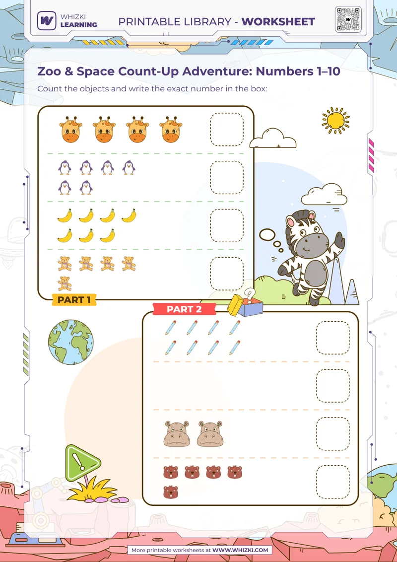 Zoo & Space Count-Up Adventure: Numbers 1–10